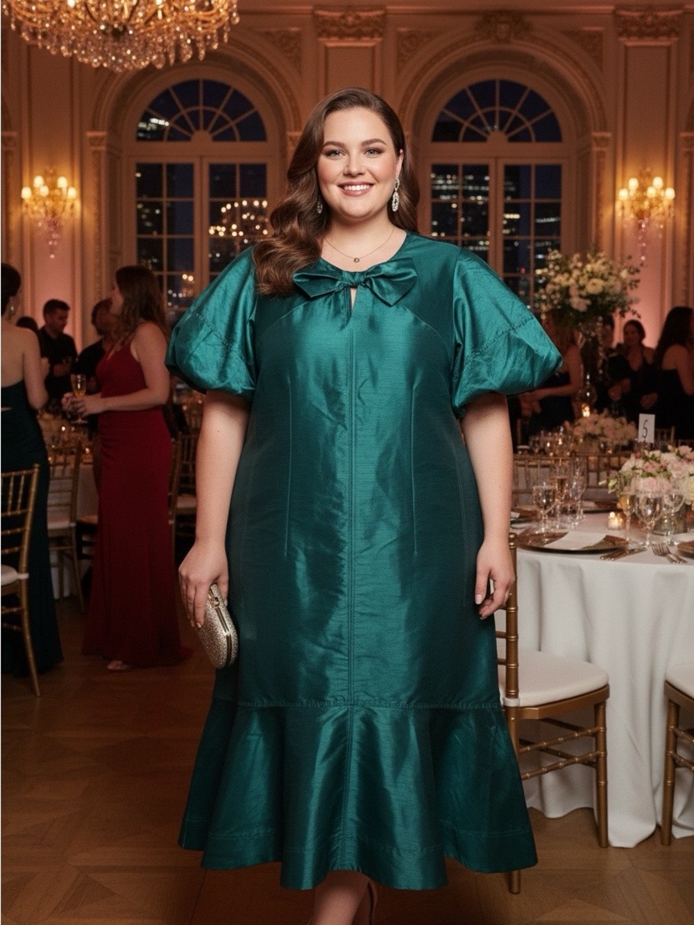 Plus-Size Emerald Satin Midi Dress with Puff Sleeves and Bow